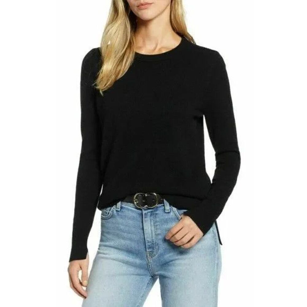 Halogen Women Black 100% Cashmere Crew Neck Sweater Size Medium w/side slits
